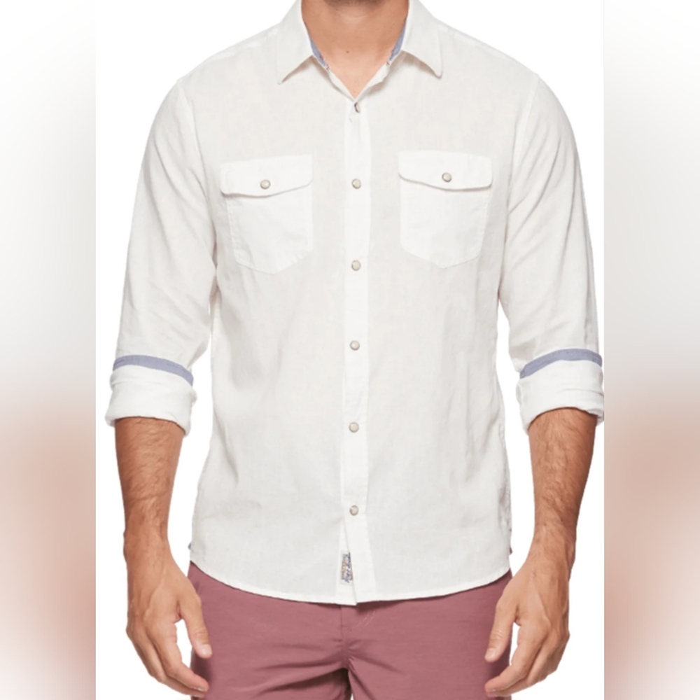 NWT Flag & Anthem White Linen Viscose Men's White Button-Up Snap Shirt S…